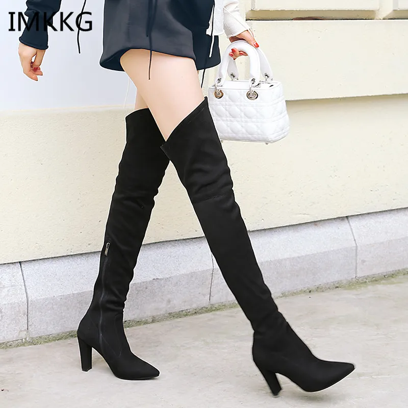 Сапоги выше колена на высоком каблуке Женские сапоги из эластичной замши с