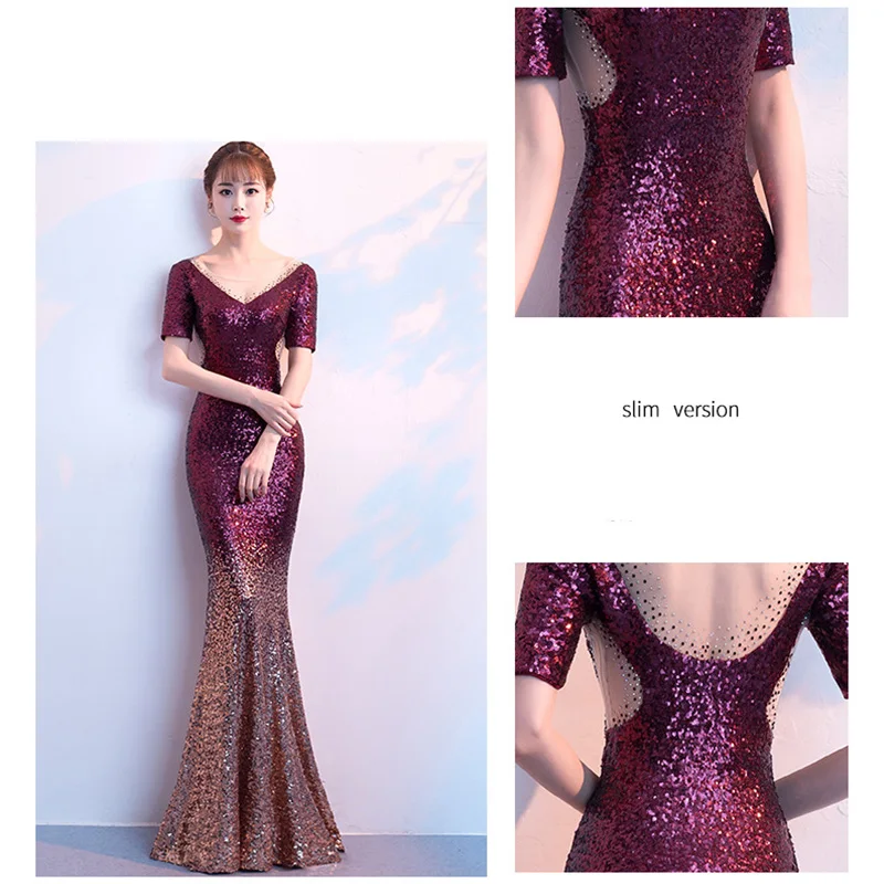 

Fuchsia Mermaid Evening Dress Shining Sequins Sexy V-Neck Elegant Party Gowns Floor Length Backless Women Formal Dresses K191