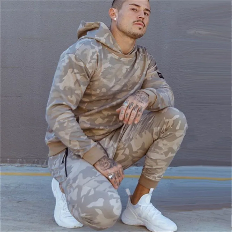 khaki camouflage Новинка, брендовый спортивный костюм, модная спортивная одежда для мужчин и женщин, комплект из двух предметов, плотное худи из хлопкового флиса+ штаны спортивный костюм для мужчин - Цвет: khaki camouflage