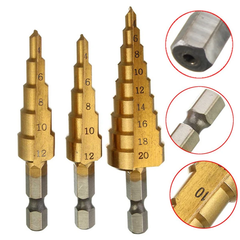 

HSS Titanium Coated Step Drill Bit 3-13mm/3-12mm/4-12mm/4-20mm Step Cone Metal Drill Bit With Automatic Center Pin Punch