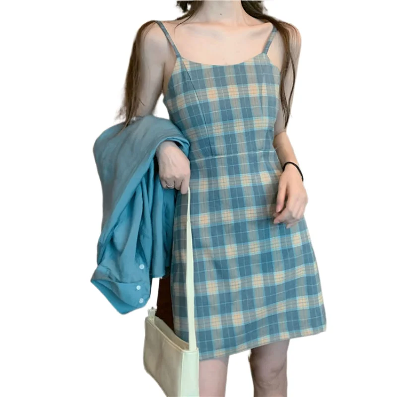 

2021Summer and Autumn Suit Blue Sunscreen Shirt + Plaid Sling Slim A-line Dress Western Style Two-piece Female