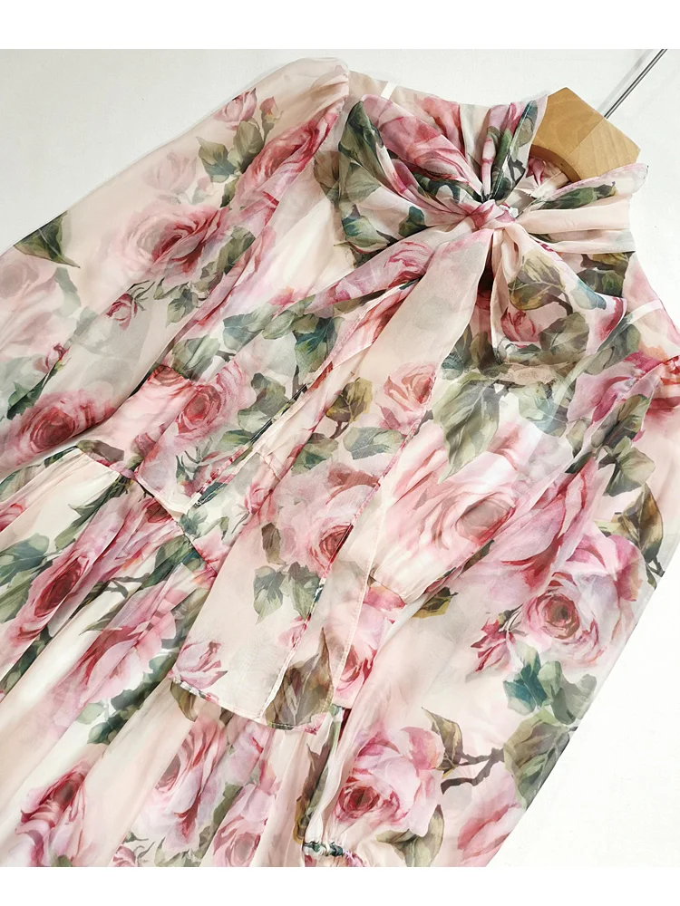 

Sanis Spring Summer Fashion Designer dress Women Dress Bow collar Rose Floral-Print Elegant Vacation Chiffon Dresses