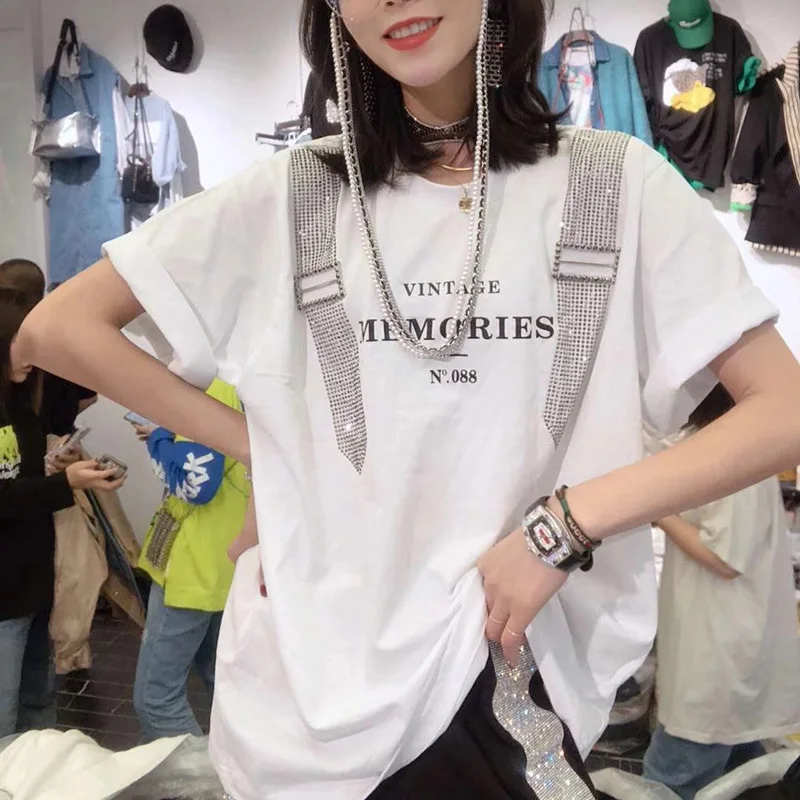 Женская футболка с буквенным принтом QING MO черная или белая летняя ремешком