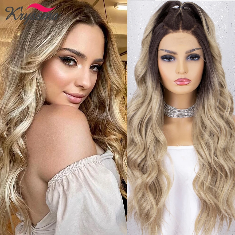 Kryssma Long Wavy Synthetic Wig Blonde Lace Front Wigs for Women Heat Resistant Natural Hairline Honey Blonde Wig Cosplay Hair