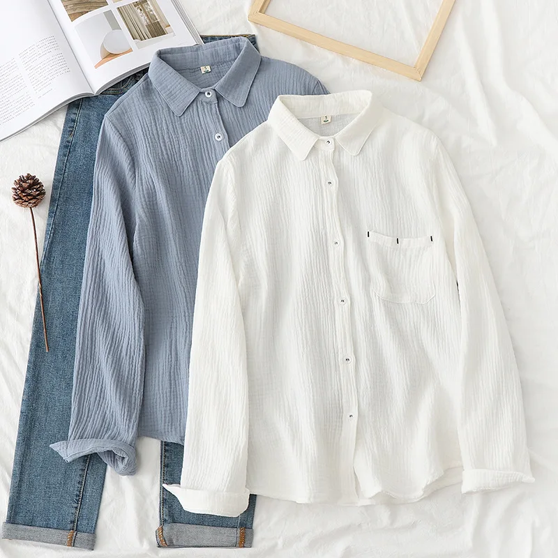 

HSA 2021 Women Spring Summer Blouses Shirts Buttons Chic Vintage Oversize Office Korean Style Lady Wild Gauze Tops