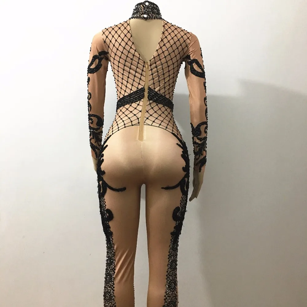 Модный Блестящий Комбинезон с черными кристаллами блестящий костюм для
