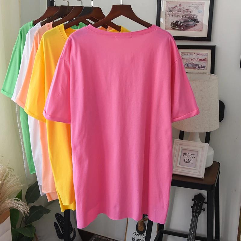 Женская свободная футболка из хлопка яркая уличная с коротким рукавом и
