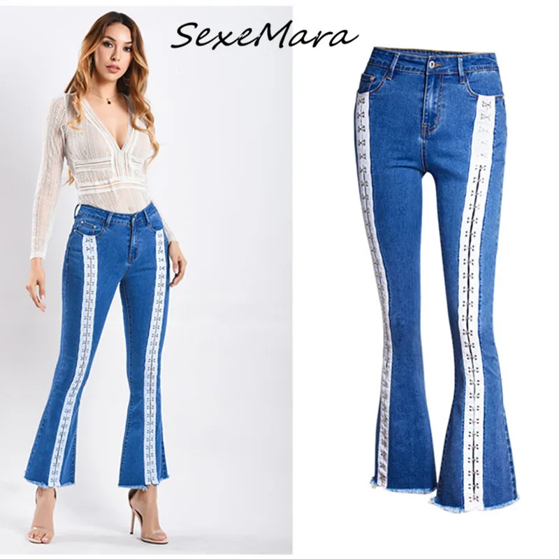 

2022 модные женские джинсы повседневные корейские стильные Лоскутные синие расклешенные джинсы для женщин