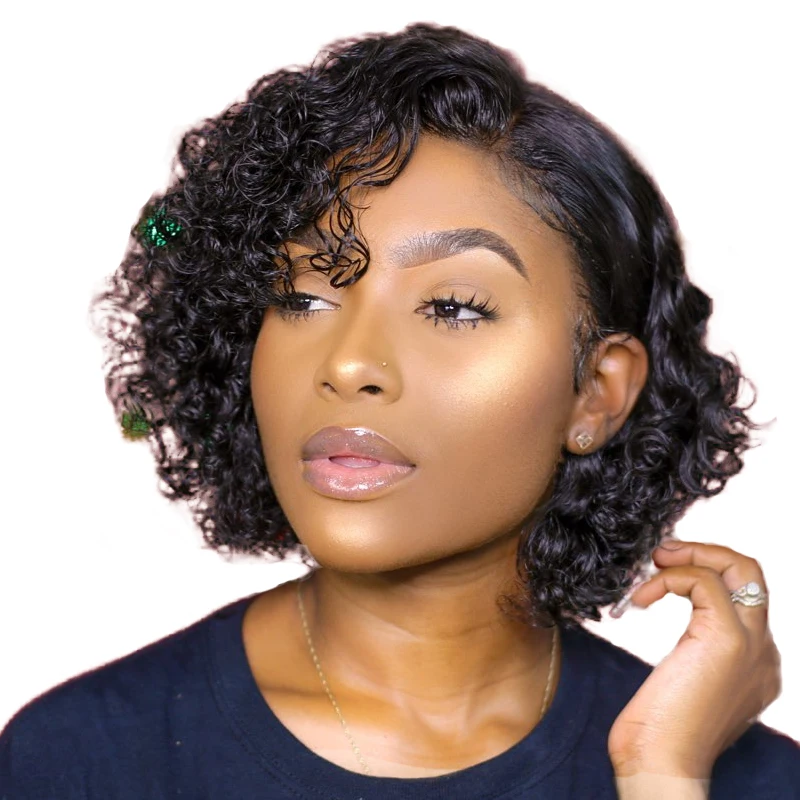 Качающийся лес вьющиеся человеческие волосы парик 150% Remy Pixie Cut для черных женщин