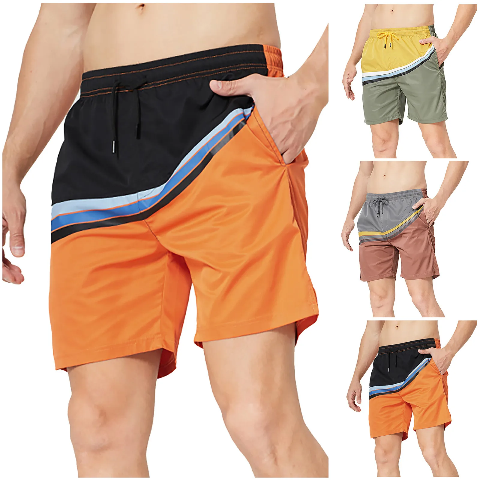 

59# Summer Slim Fit Sport Shorts Mens Striped Contrast Color Casual Shorts Outdoor Sports Beach Five-Point Pants Gym Short Pants