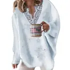 Женский Однотонный свитер оверсайз с V-образным вырезом, с кружевом