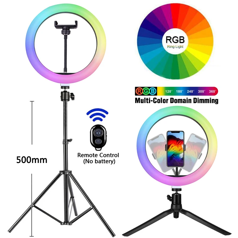 

26 Colors RGB Mode Selfie Video Ring Fill Light LED Photography Ring Lamp With Adjustable Phone Stand & Tripod For Phone Live