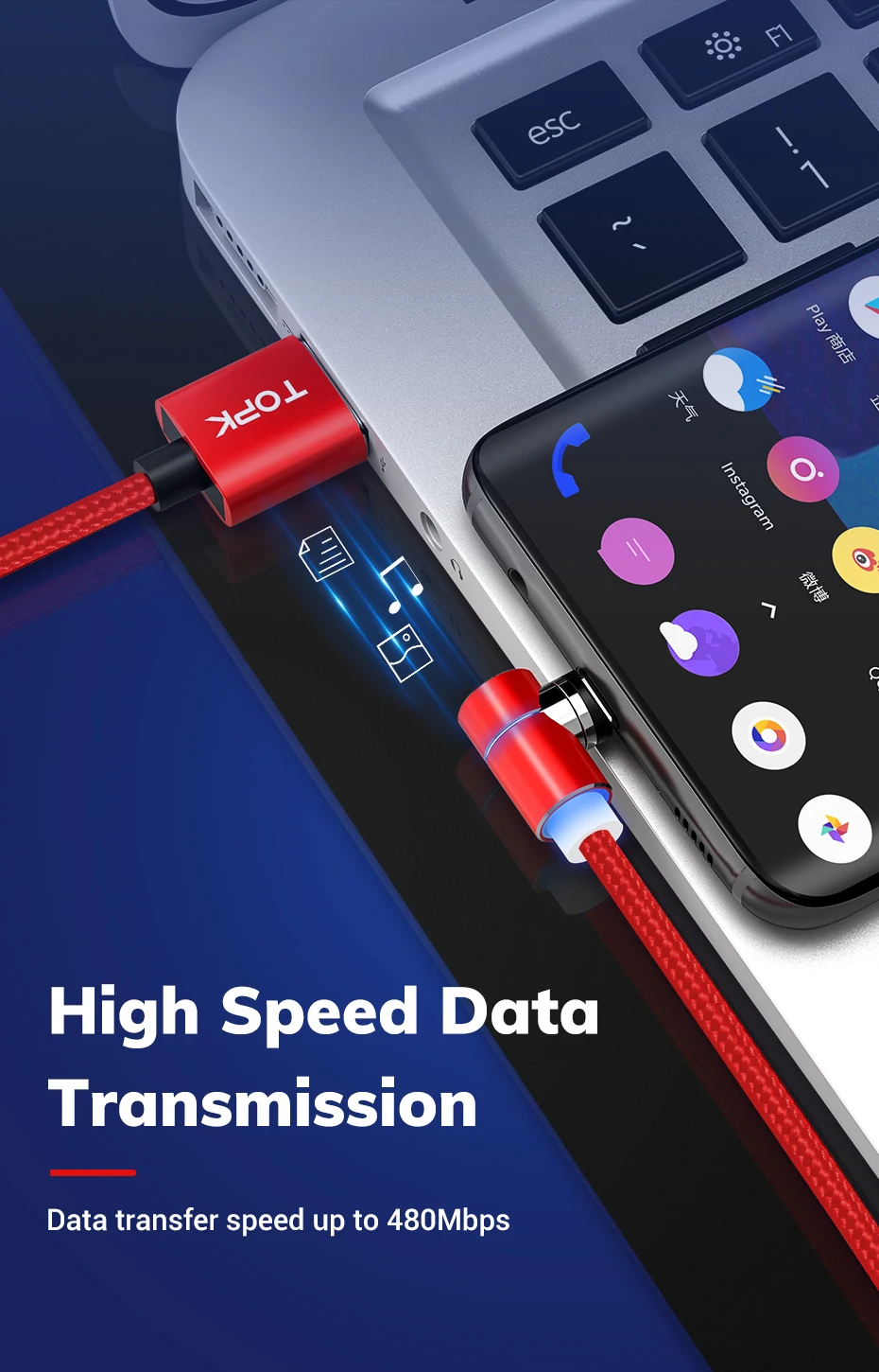 TOPK Led 3A Магнитный USB быстрый заряд кабеля USB C type кабель для samsung Phone& 8pin зарядный кабель и Micro USB 5pin кабель