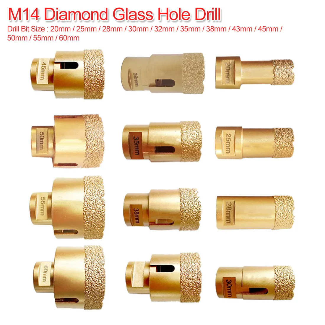 

Diamond Vacuum Brazed Drilling Core Bits M14 Connection Drill Bits Hole Saw Diamond Dry/Wet Drilling for Tile Stone 20mm-60mm