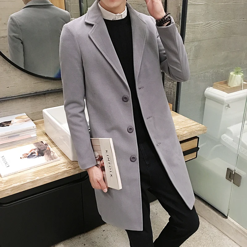 

2019 winter fashion men's solid color windbreaker men's long woolen coat large size casual single-breasted windbreaker jacket