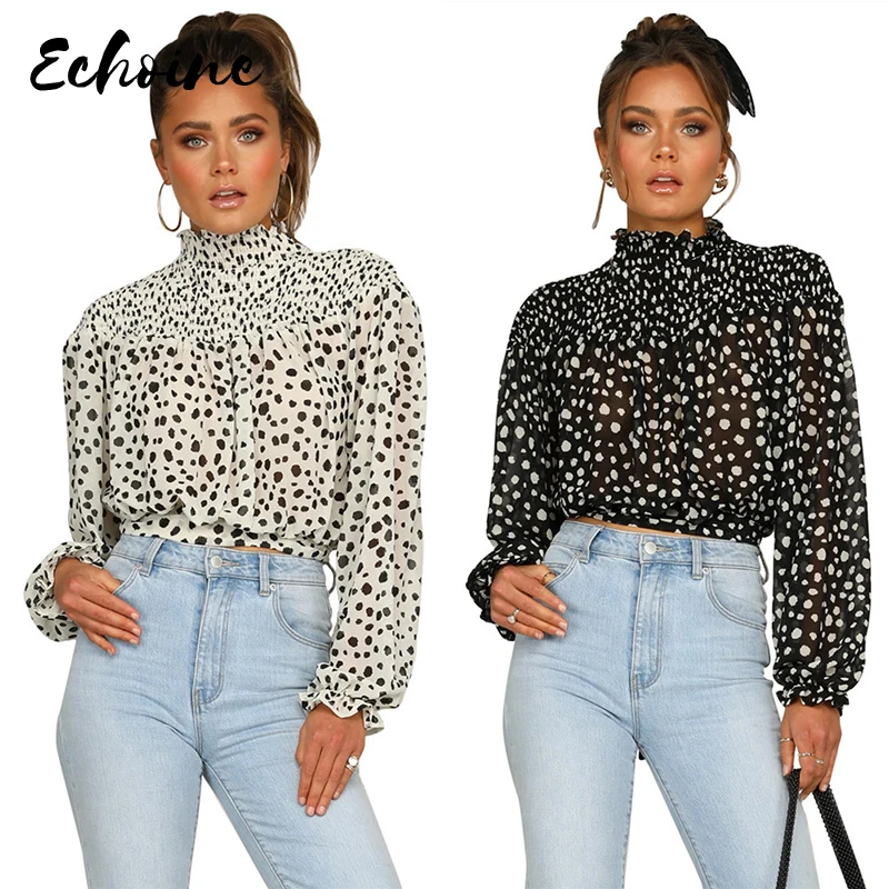 Женская шифоновая блузка с длинным рукавом-фонариком и высоким воротником |