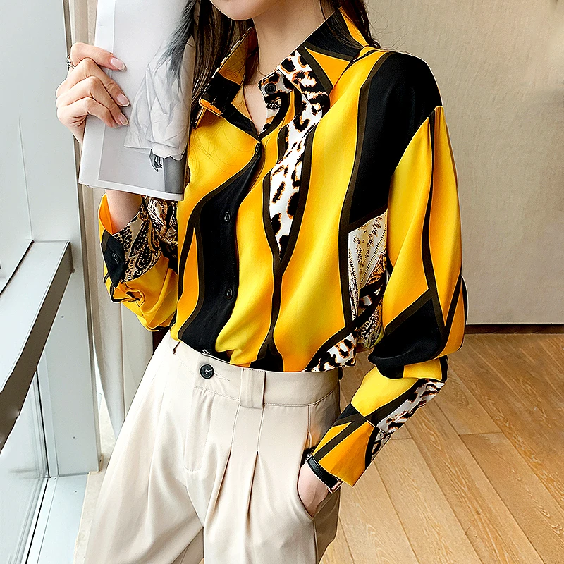

Spring Autumn Women's Shirt New Korea Retro Printed Contrast Chiffon Blouse Women Clothes Long Sleeve Blouses And Shirts SL174