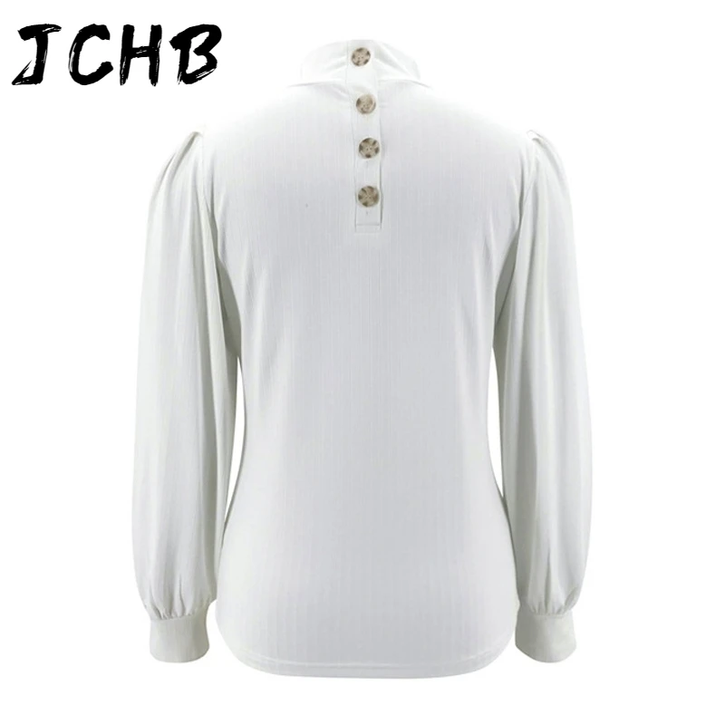

Turtleneck 2021 White T-shirts Casual Back Buttons Long Lantern Sleeve Pullover Tops Autumn Winter Elegant Solid Color Slim Tees