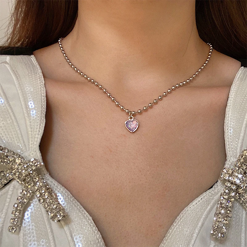 

Charming Purple Crystal Heart-shaped Necklace Exquisite Female Silver Color Round Bead Chain Fashion Wedding Party Jewelry