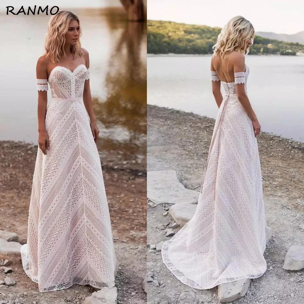 

Boho Beach A Line Wedding Dress with Back Buttons Lace Backless Spaghetti Straps Off the Shoulder Sweetheart vestidos de novia