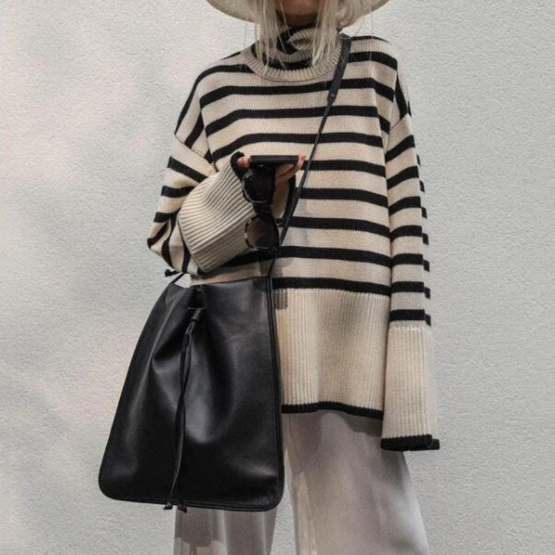 

Holiwind 2021 зимний шикарный пуловер Женская Полосатая водолазка свободный трикотажный свитер Модное теплое пальто Мягкий Повседневный джемпе...