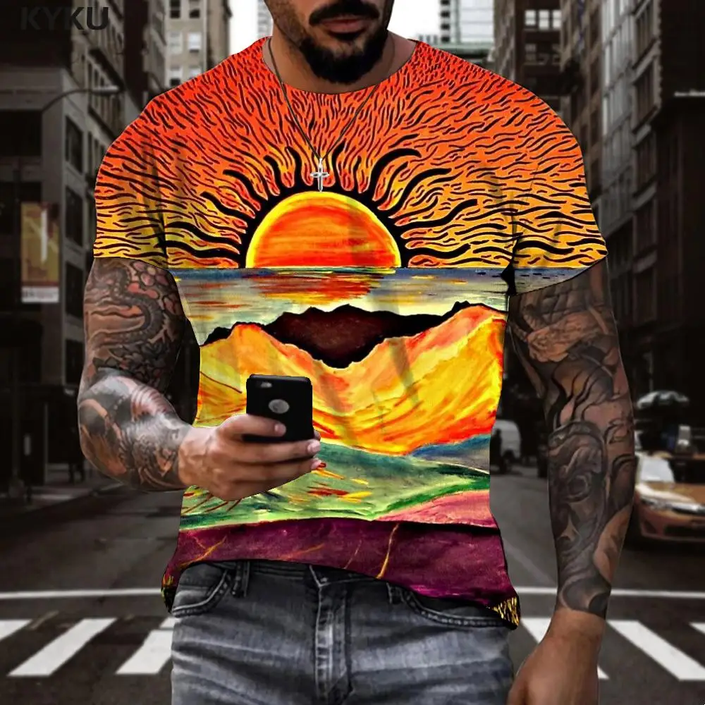 

Мужская футболка с принтом KYKU, летняя разноцветная Футболка с принтом солнца, в стиле хиппи, лето 2019