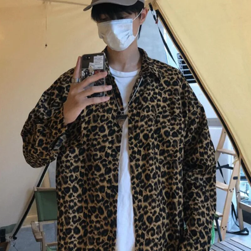 

Autumn Cotton Leopard Shirt Men's Fashion Retro Casual Shirt Men Korean Loose Long-sleeved Shirts Mens Society Dress Shirt M-XL