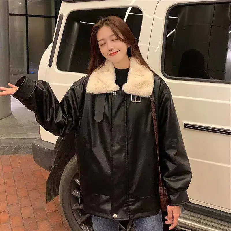 Winter Warm Artificial Leather Jacket Women's Casual Loose Motorcycle Jacket Women's Street Style Large Coat Korean Fashion Coat