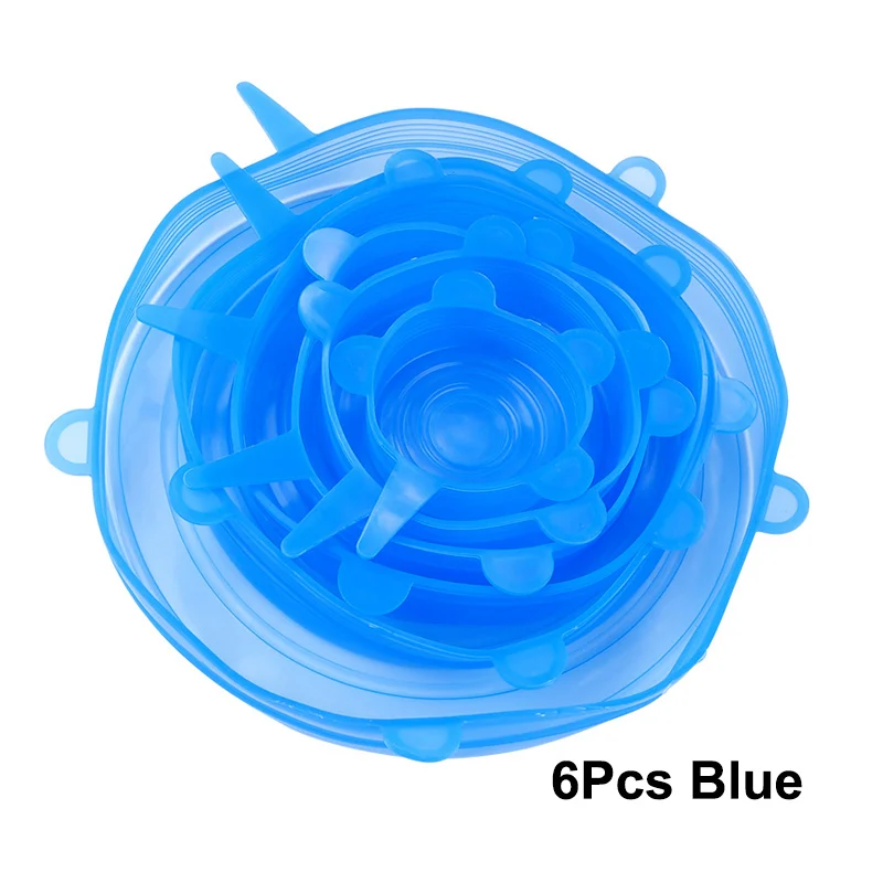 6Pcs Blue 6 шт Силиконовые стрейч многоразовые крышки герметичные пищевые обертывания крышки сохраняют свежесть уплотнение Чаша эластичный обертывание крышка кухонная посуда - Цвет: 6Pcs Blue