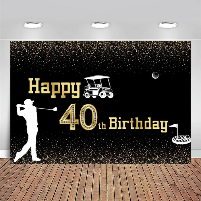 Enlarge 40th Happy Birthday Party Backdrops Golf Gold Black Shiny Adult Photography Backgrounds Studio Photozone Photocall Decor