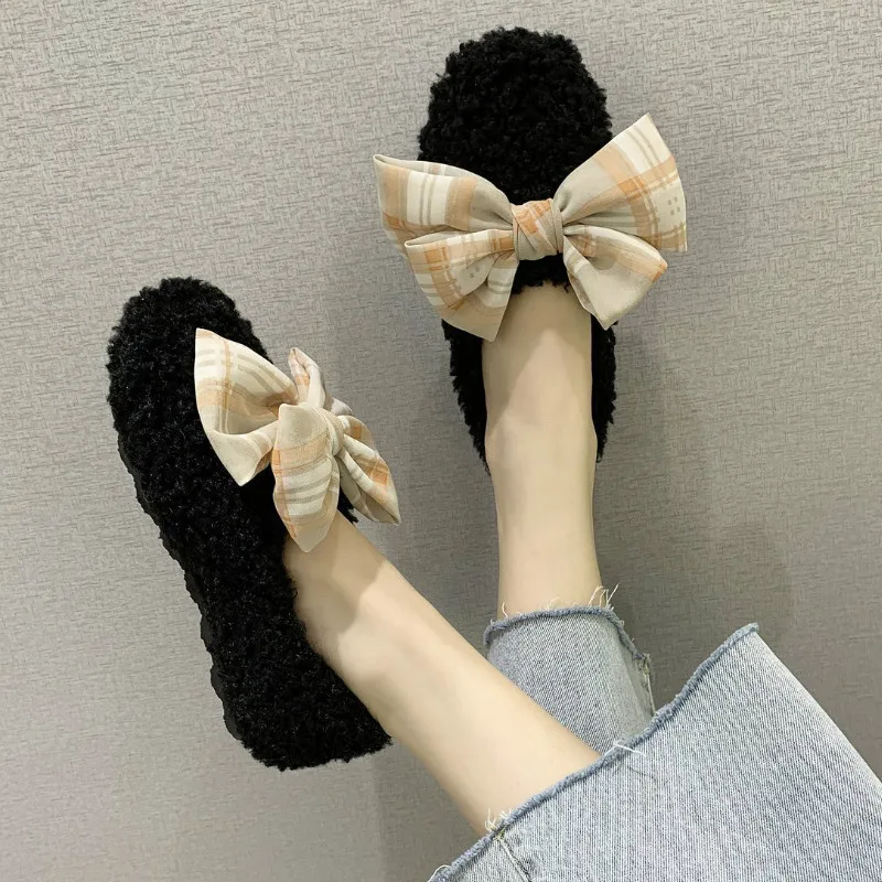 Fashion The New Fur Shoes Winter Casual Slip-On Round Toe Butterfly-knot Plush Keep Warm Comfortable Breathable Flat Plus velvet