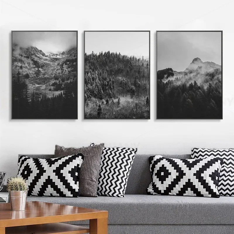 Черно-белые горы Туманный лес стены искусства картина Природа Пейзаж Плакат