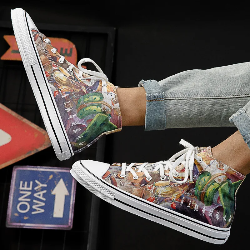 High Top Hand Painted Street Sneaker Shoe Fashion Cartoon Men Skateboard Shoes Unisex  Breathable Canvas Sports Shoes Size 35-44