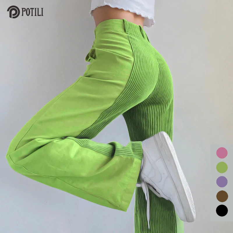 

POTILI Elastic High Waist Corduroy Pants Casual Loose Patchwork Long Trousers Ladies Autumn Capris Vintage Sweatpants Streetwear