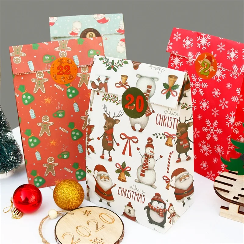 

24Pcs Christmas Paper Bag Gift Box Santa Claus Elk Candy Chocolate Cookies Bag Merry Christmas Decorations New Year