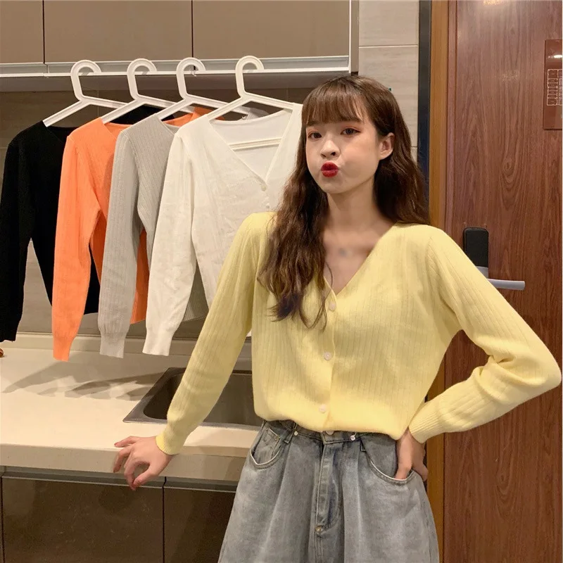 

Women Sweater Coat Early Spring To Take A Wild Loose Top Youth V-Neck Simple Solid Color Sweater Women Cardigan Small Jacket