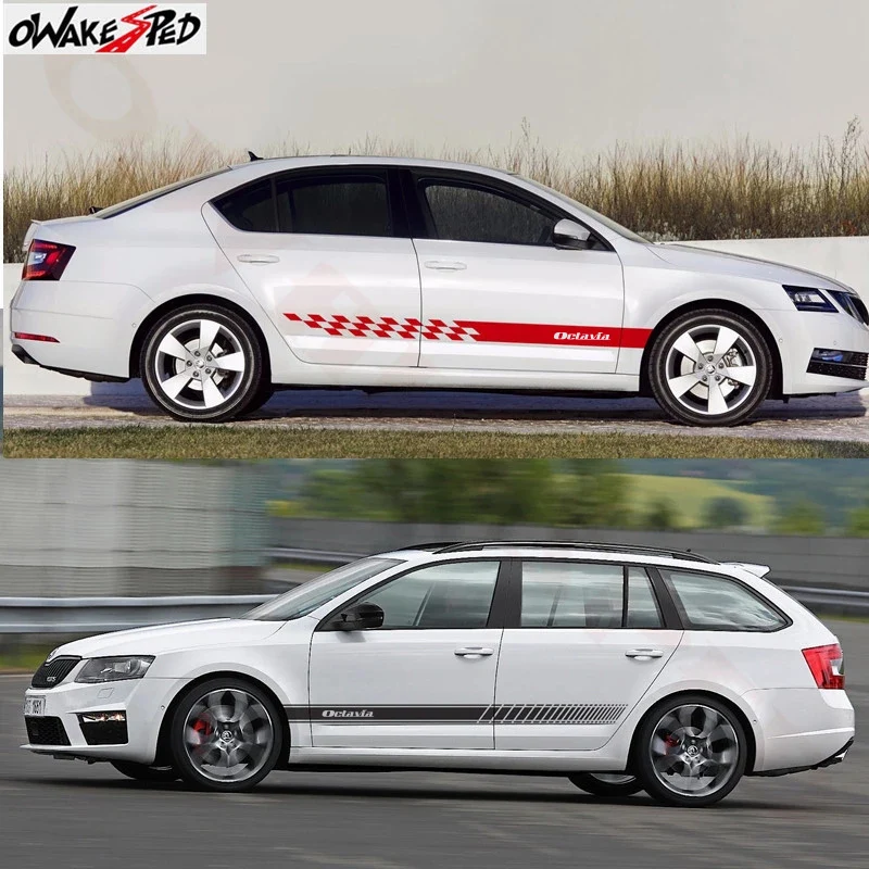 Autocollants en vinyle à rayures pour jupe latérale, 2 pièces, accessoires extérieurs pour véhicule, décoration de carrosserie, pour Skoda Octavia