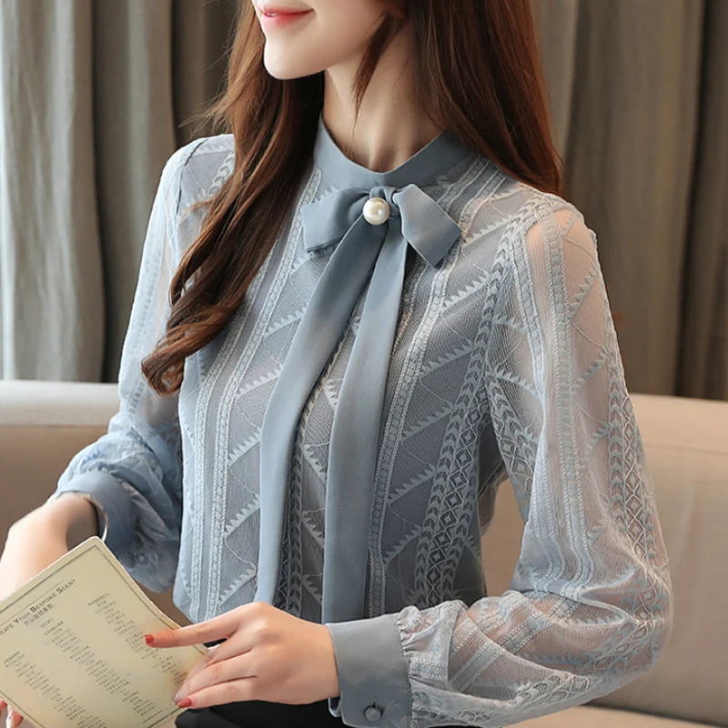 

Autumn Long Sleeve Blouse Women Bow Stand Collar Lace Blouse Shirt Tops Women Blusas Mujer De Moda 2022 Blouses Top Femme B910