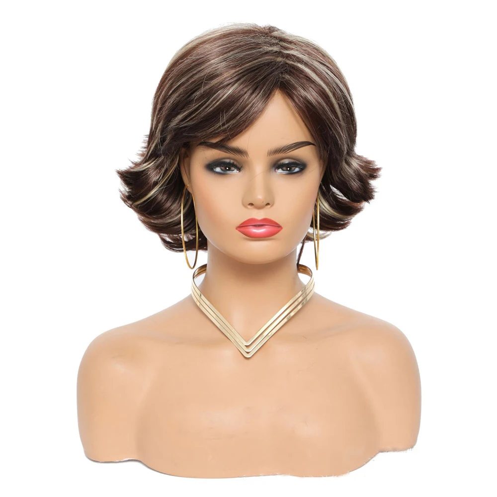 

Women Short Omber Brown Synthetic Wig Nature Wavy Wig with Side Part Bang For Lady Daily Party Use Heat Resistant Fiber Wig
