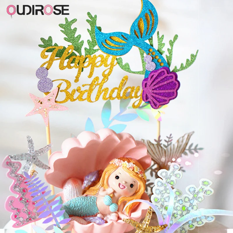 Блеск Русалка тема вечерние украшения Дети Топпер для торта С Днем Рождения