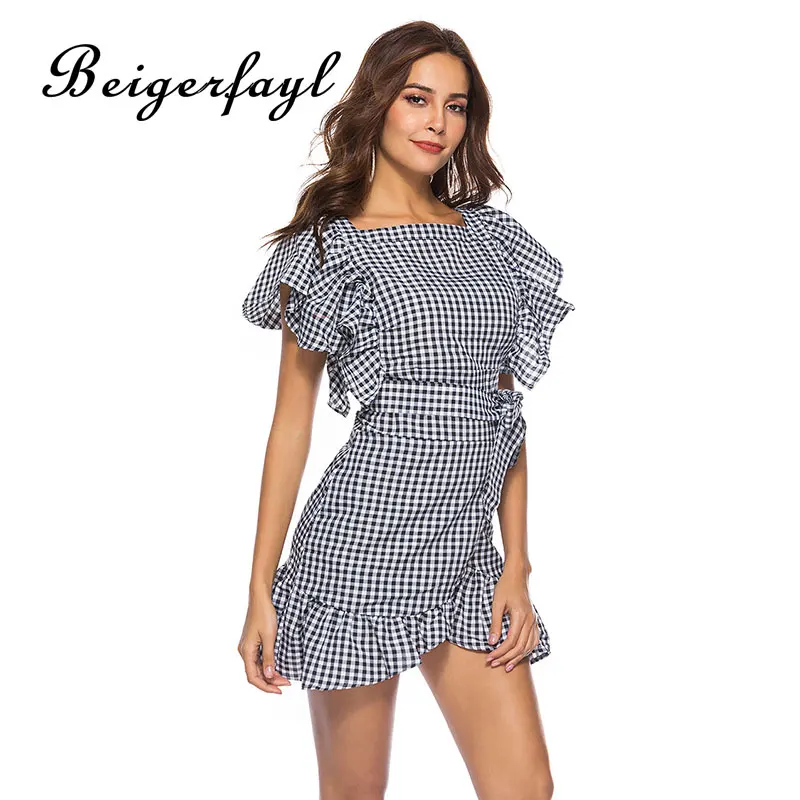 Beigerfayl 2019 Cotton Plaid Short Sleeve Dress Pleated Ruffle Mini Dresses Summer Women New Elegant Sukienka LYQ6152 | Женская одежда