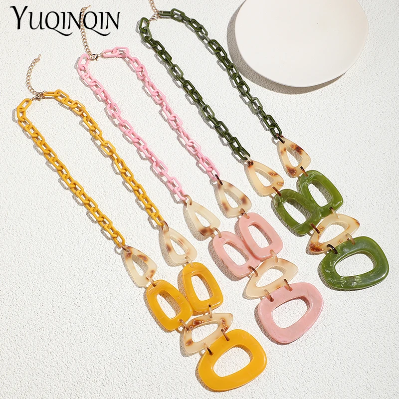 

New Vintage Pendant Necklaces for Teen Girls Acrylic Custom Chain Long Necklaces for Women Statement Resin Bohemian Necklace