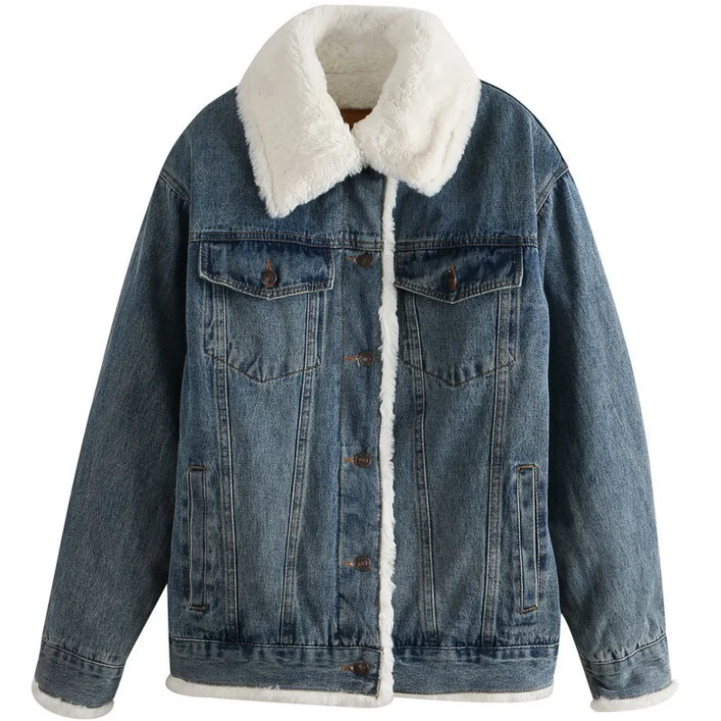 

Модная осенне-зимняя джинсовая куртка в стиле ретро из плотной бархатной овечьей шерсти, Женская свободная короткая куртка для студентов