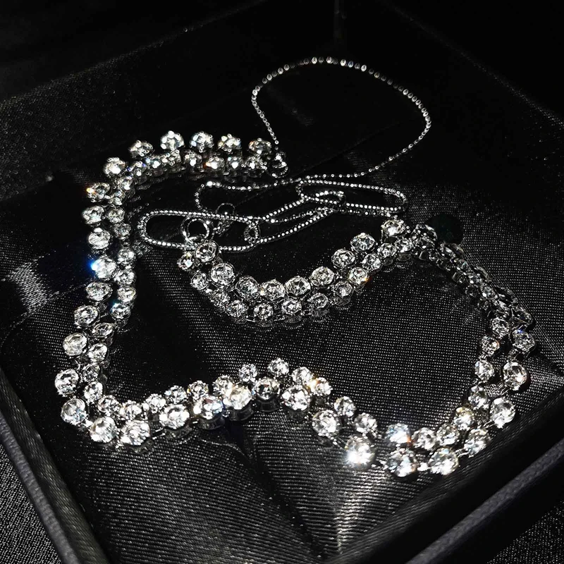 

Fashion Adjustable Length Telescopic Necklace Luxury Inlay Full Shiny Zircon Double Deck Design Silver Jewelry For Women Wedding