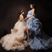 pretty mother and daughter puffy tulle dress to photo shoot v neck backless tiered ruffles mom and kids gowns front split