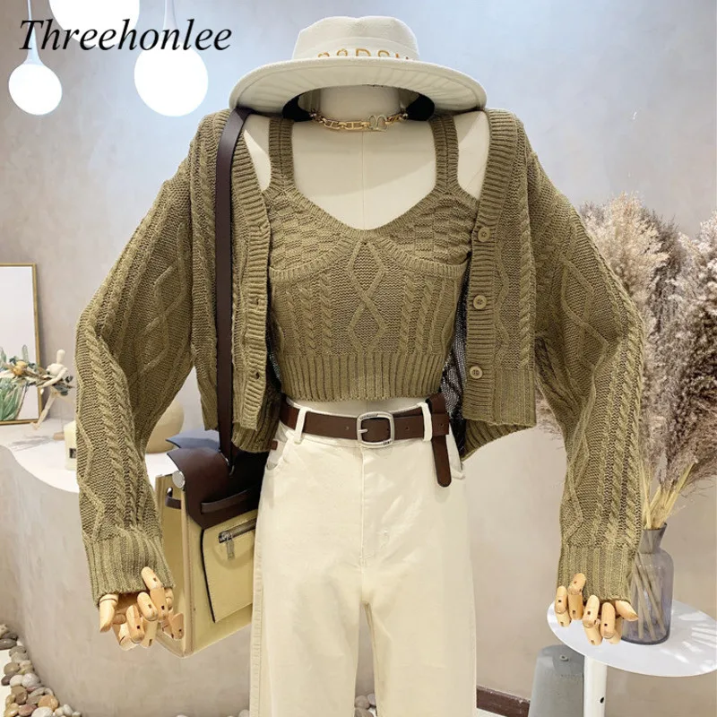 

Korean Fashion Sweater Two Piece Set For Women Autumn Long Sleeve Loose Knitted Cardigan And Sexy Vest Crop Top Casual Suits