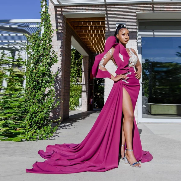 

Модные дизайнерские атласные платья цвета фуксии с высоким разрезом Aso Ebi для выпускного вечера, женские вечерние платья из тюля с блестками и длинными рукавами