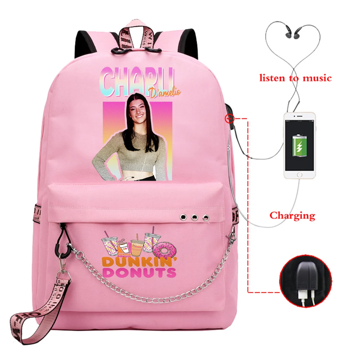 

Charli Damelio Backpacks for Girls Teens Mochila Children Bagpacks Kids Rucksack Students School Bags Women USB Travel Knapsack