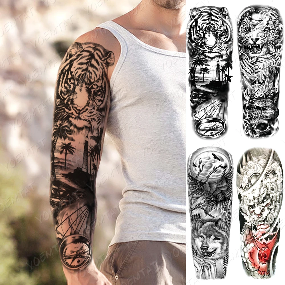 

Waterproof Temporary Full Arm Tattoo Sticker Tiger Lion Wolf Forest Devil Flash Tatto Man Totem Body Art Fake Sleeve Tatoo Women