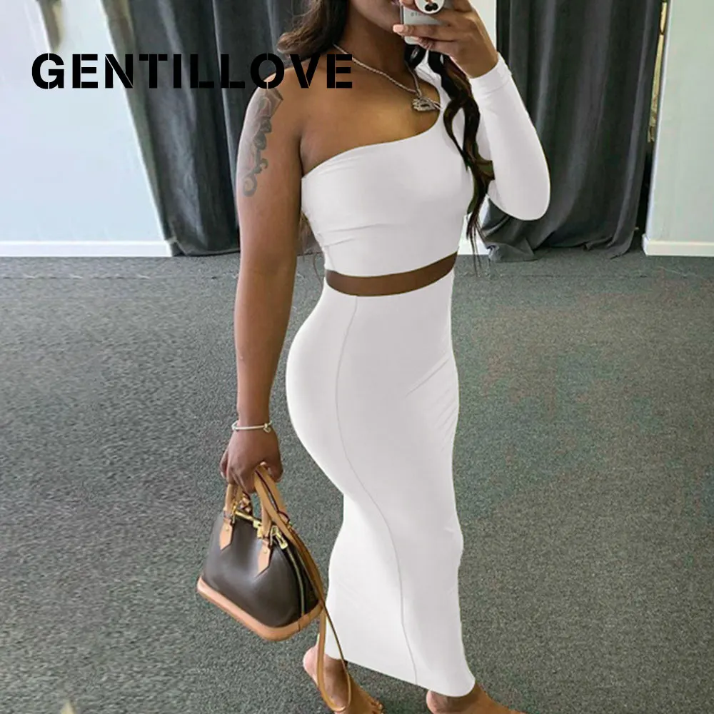 

Gentillove Women Summer Sexy Off Shoulder Elegant Long Sleeve Tops and Solid Skinny High Waist Long Dress Two Pieces Set